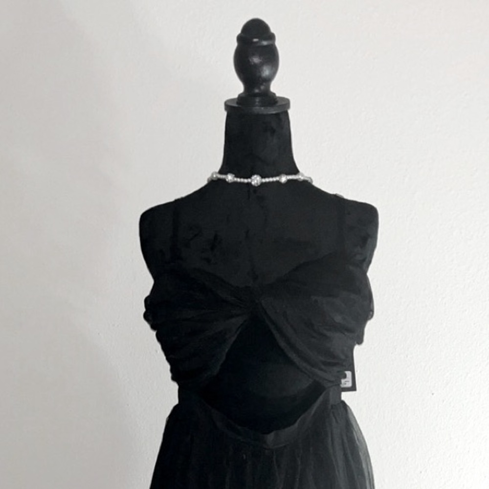 Peek-a-Boo!! Sexy Black Tulle Wide Leg Jumpsuit Midsection Cut Out Size Large.